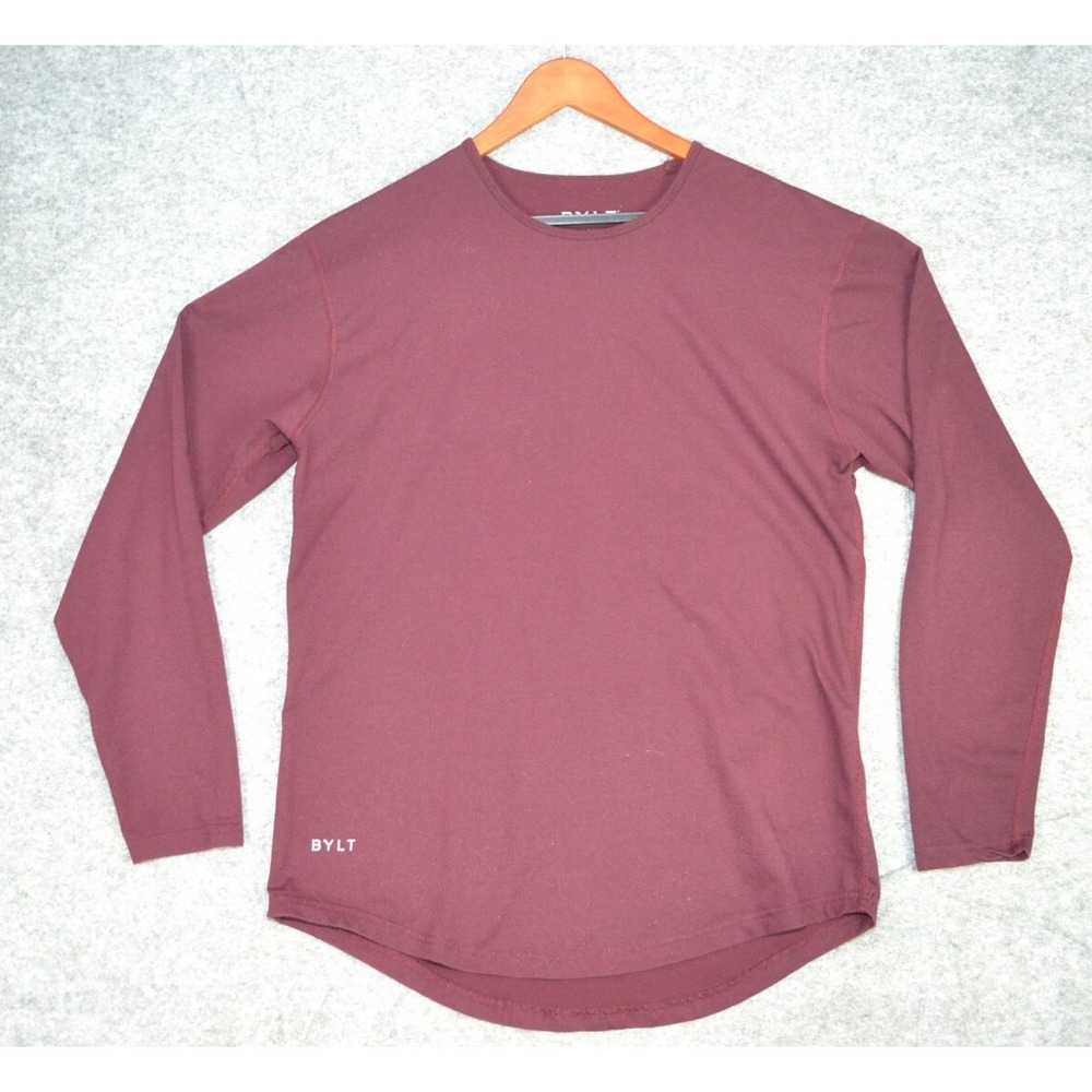 BYLT Basics Drop Cut Long Sleeve Shirt Men's Large‎ Burgundy Stretch Crew Neck